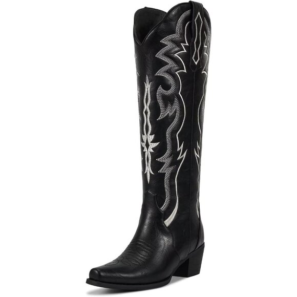 Shoes - Women's Matte Black Knee High Cowgirl Tall Boots with Classic Retro Embroidered